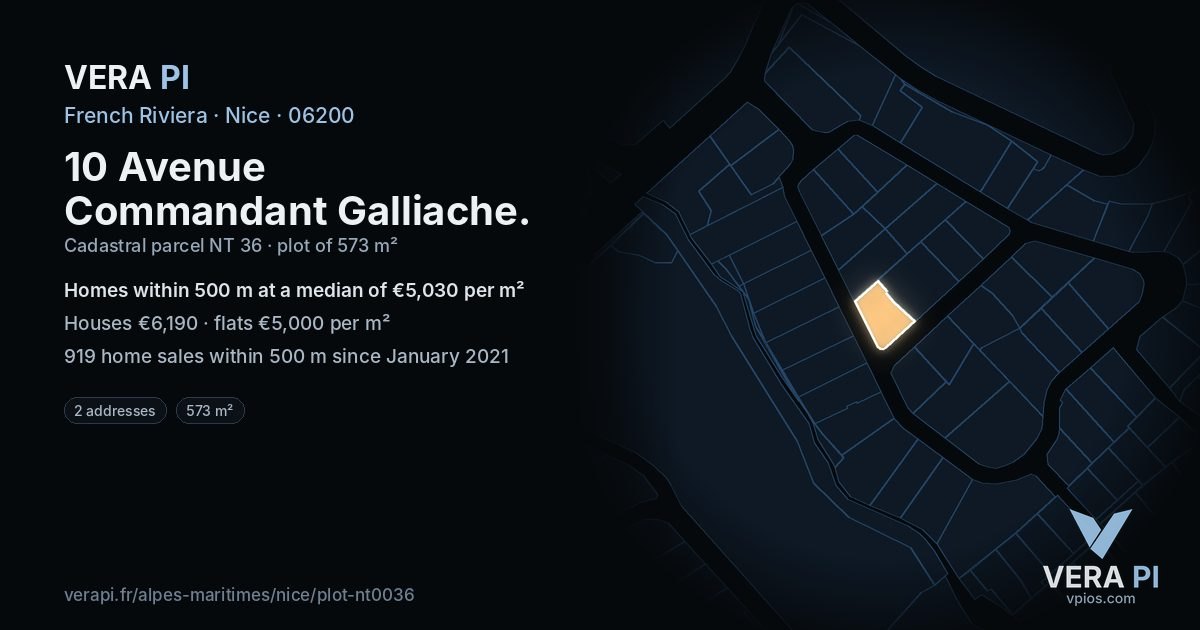 10 Avenue Commandant Galliache, Nice at night – the plot lit, the parcels around coloured by the prices near them