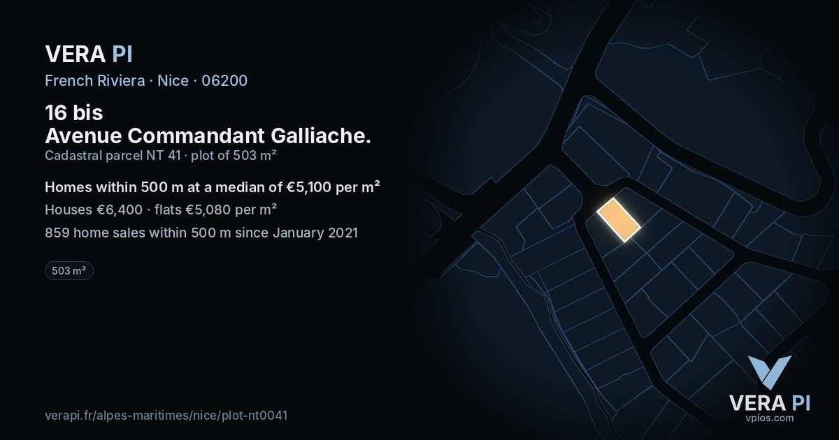 16 bis Avenue Commandant Galliache, Nice at night – the plot lit, the parcels around coloured by the prices near them