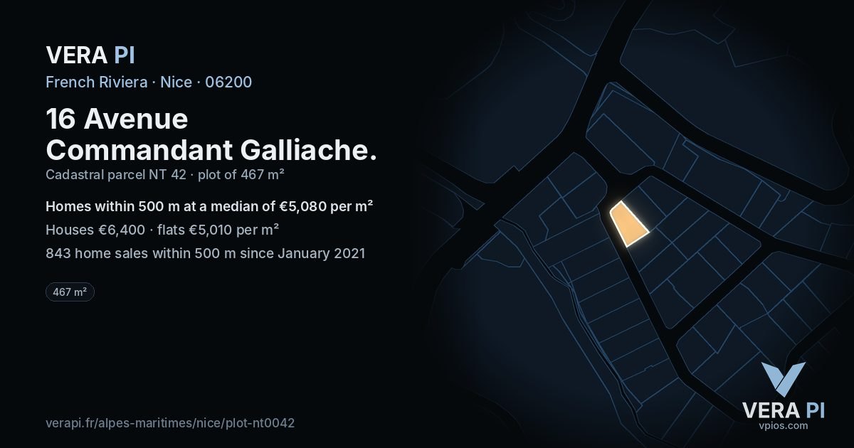 16 Avenue Commandant Galliache, Nice at night – the plot lit, the parcels around coloured by the prices near them
