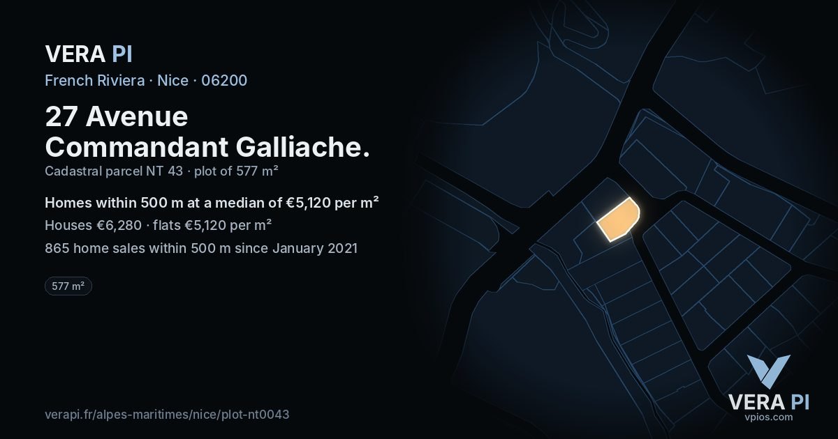 27 Avenue Commandant Galliache, Nice at night – the plot lit, the parcels around coloured by the prices near them