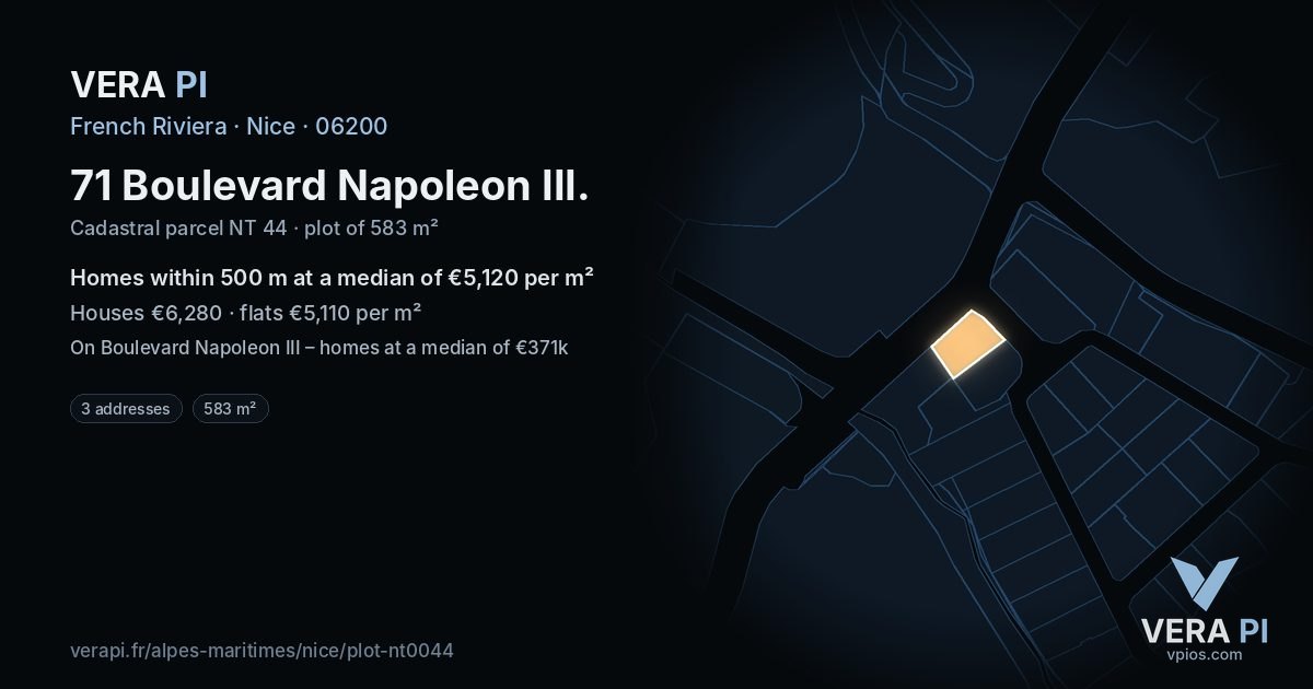 71 Boulevard Napoleon III, Nice at night – the plot lit, the parcels around coloured by the prices near them