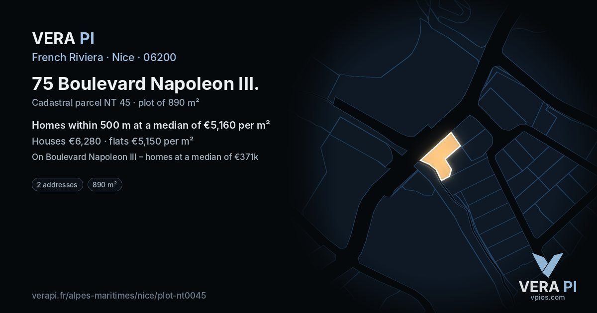 75 Boulevard Napoleon III, Nice at night – the plot lit, the parcels around coloured by the prices near them
