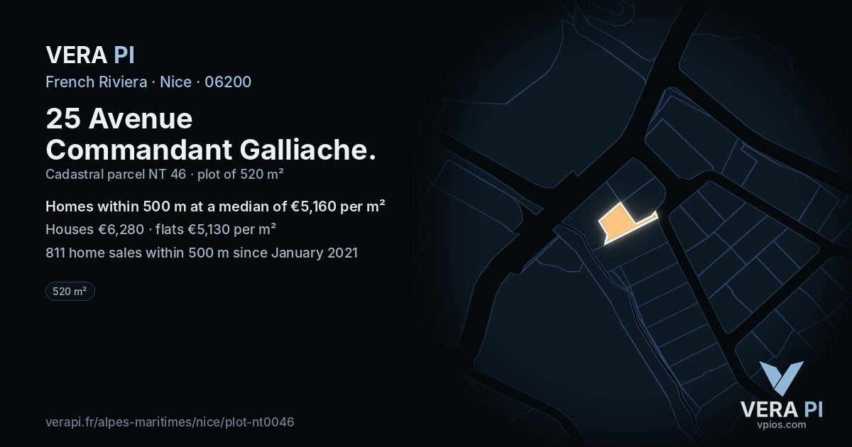 25 Avenue Commandant Galliache, Nice at night – the plot lit, the parcels around coloured by the prices near them