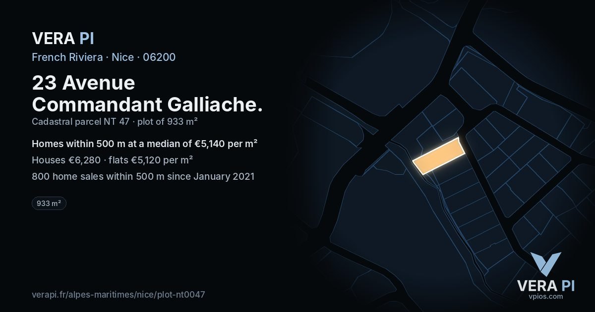 23 Avenue Commandant Galliache, Nice at night – the plot lit, the parcels around coloured by the prices near them