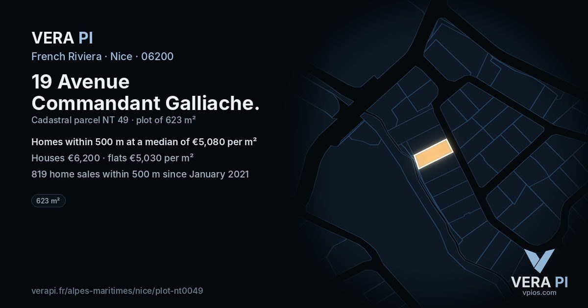 19 Avenue Commandant Galliache, Nice at night – the plot lit, the parcels around coloured by the prices near them