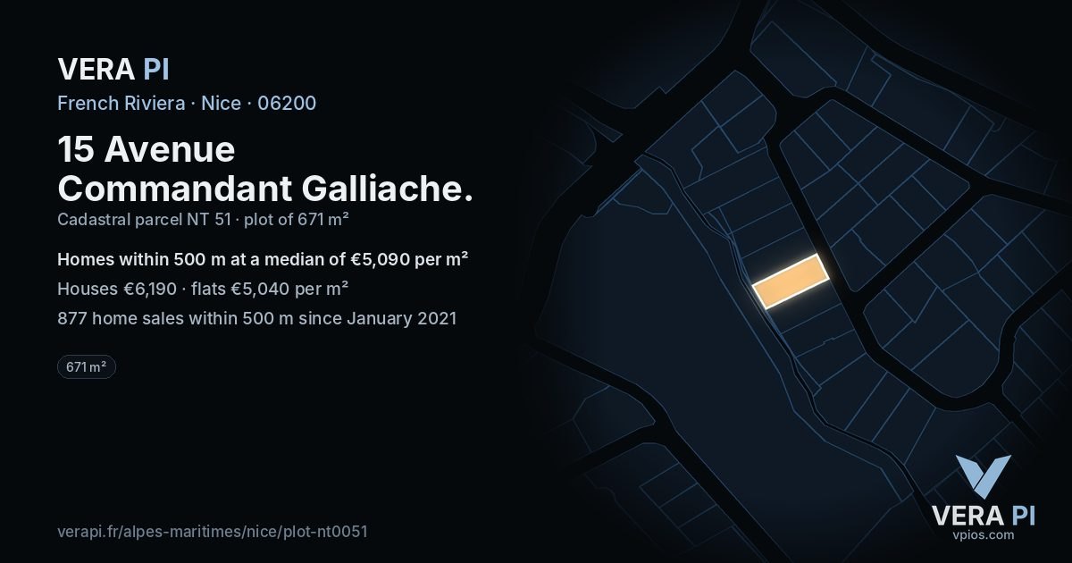 15 Avenue Commandant Galliache, Nice at night – the plot lit, the parcels around coloured by the prices near them