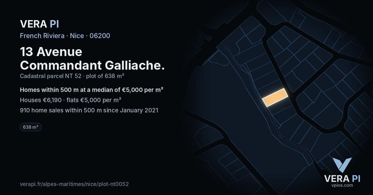 13 Avenue Commandant Galliache, Nice at night – the plot lit, the parcels around coloured by the prices near them
