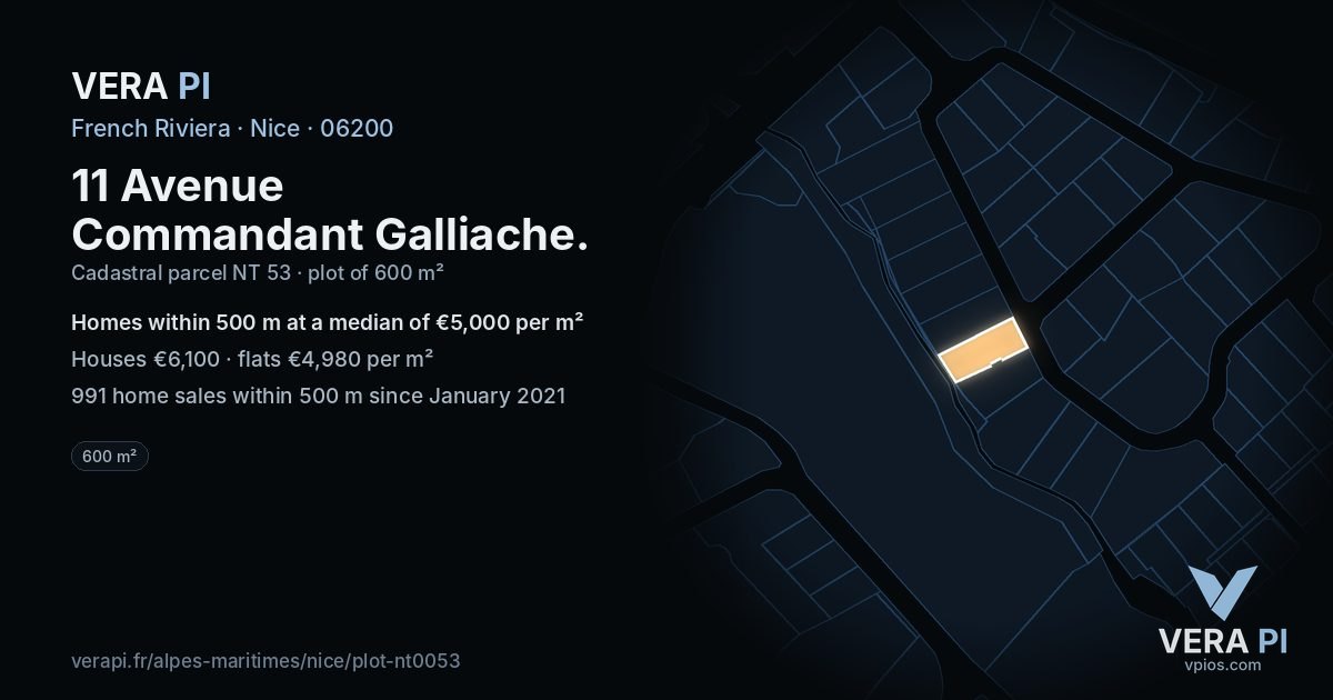 11 Avenue Commandant Galliache, Nice at night – the plot lit, the parcels around coloured by the prices near them