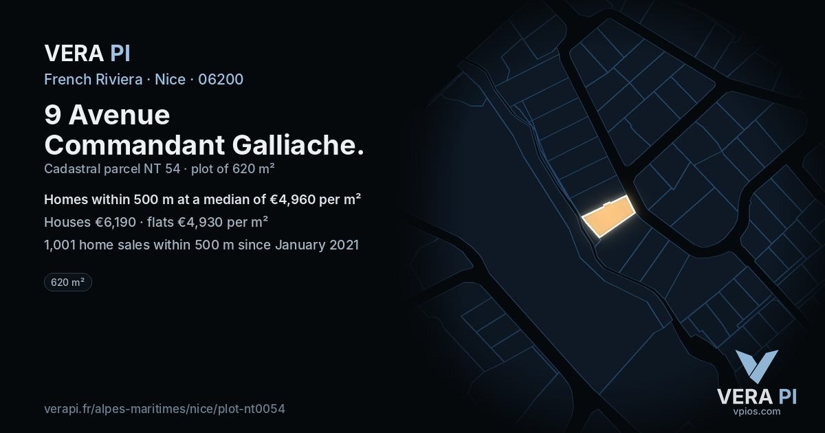 9 Avenue Commandant Galliache, Nice at night – the plot lit, the parcels around coloured by the prices near them