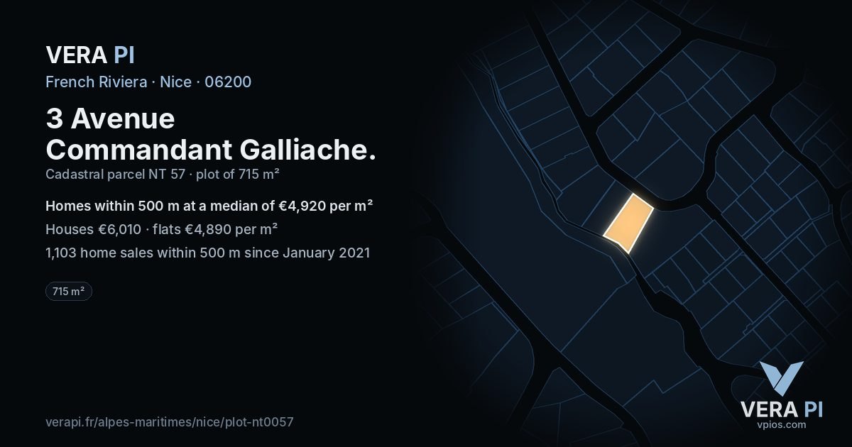 3 Avenue Commandant Galliache, Nice at night – the plot lit, the parcels around coloured by the prices near them