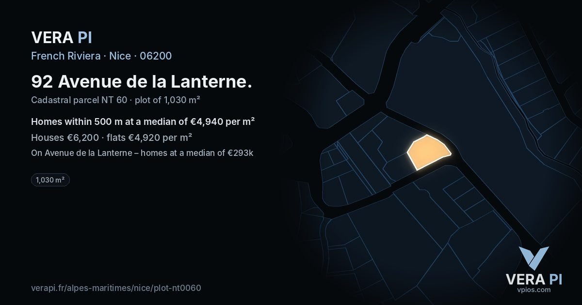92 Avenue de la Lanterne, Nice at night – the plot lit, the parcels around coloured by the prices near them