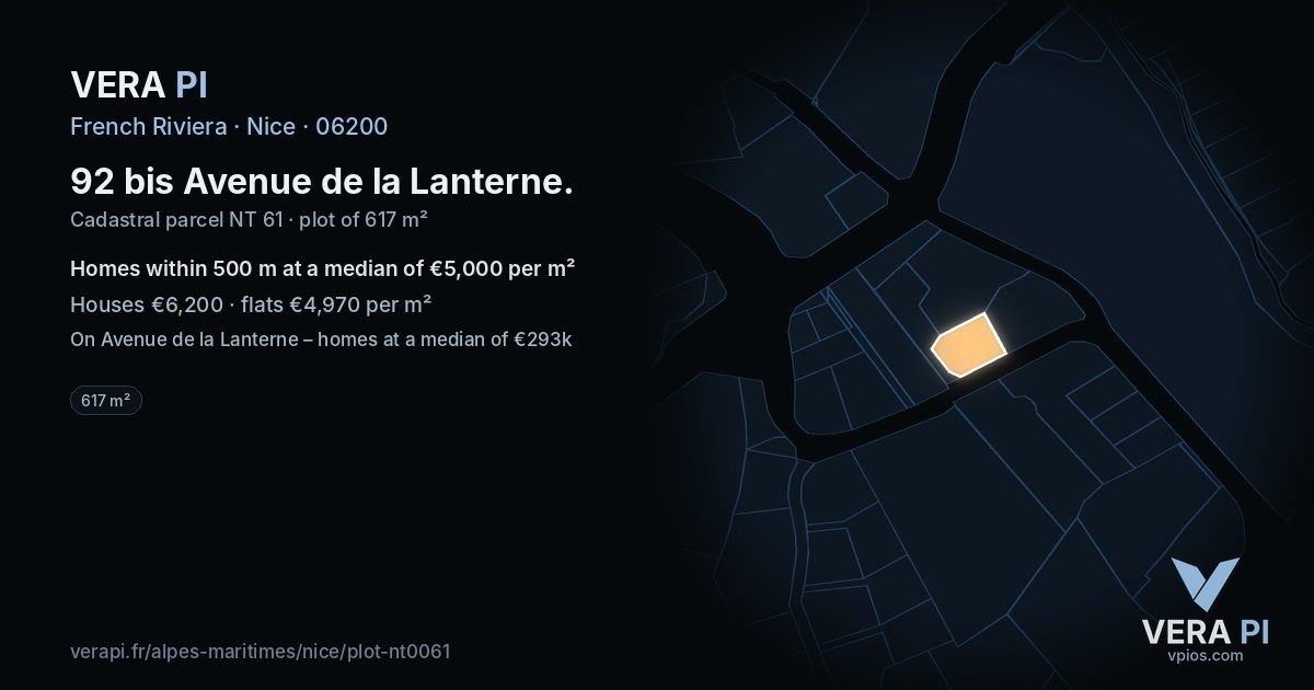 92 bis Avenue de la Lanterne, Nice at night – the plot lit, the parcels around coloured by the prices near them