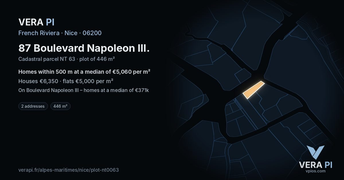 87 Boulevard Napoleon III, Nice at night – the plot lit, the parcels around coloured by the prices near them