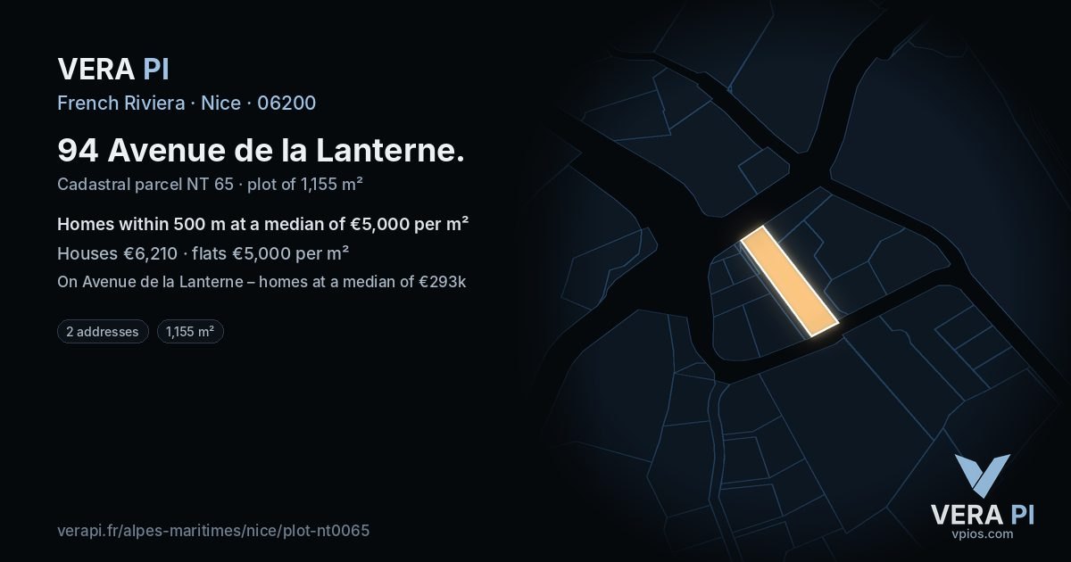 94 Avenue de la Lanterne, Nice at night – the plot lit, the parcels around coloured by the prices near them