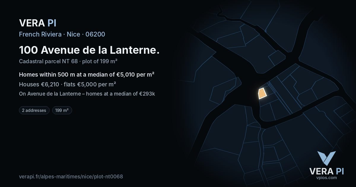 100 Avenue de la Lanterne, Nice at night – the plot lit, the parcels around coloured by the prices near them