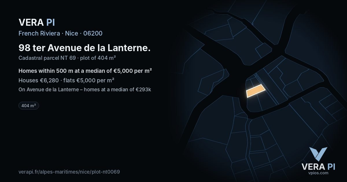 98 ter Avenue de la Lanterne, Nice at night – the plot lit, the parcels around coloured by the prices near them