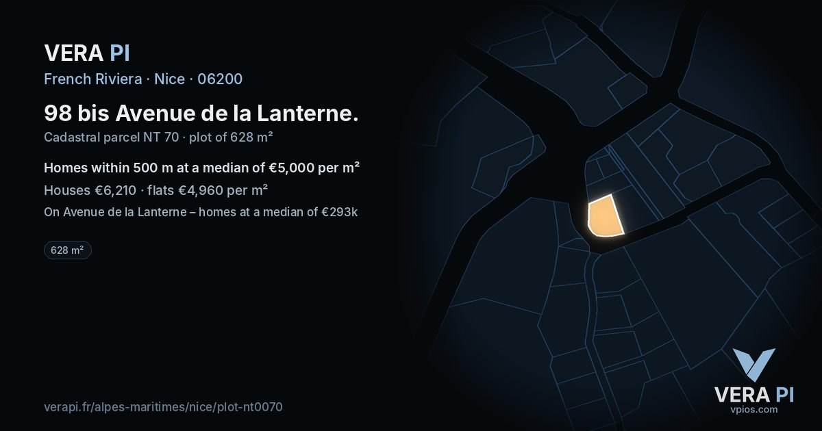 98 bis Avenue de la Lanterne, Nice at night – the plot lit, the parcels around coloured by the prices near them