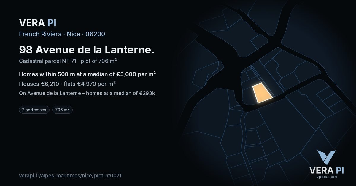 98 Avenue de la Lanterne, Nice at night – the plot lit, the parcels around coloured by the prices near them