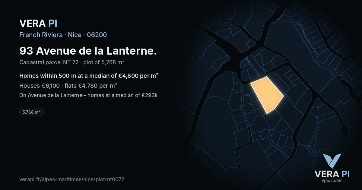 93 Avenue de la Lanterne, Nice at night – the plot lit, the parcels around coloured by the prices near them