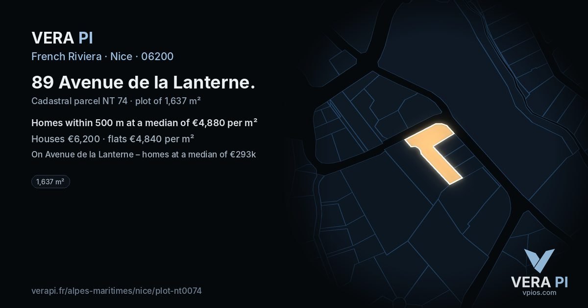 89 Avenue de la Lanterne, Nice at night – the plot lit, the parcels around coloured by the prices near them