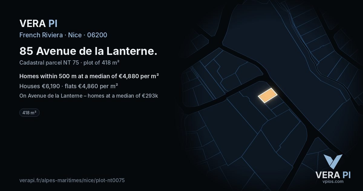 85 Avenue de la Lanterne, Nice at night – the plot lit, the parcels around coloured by the prices near them