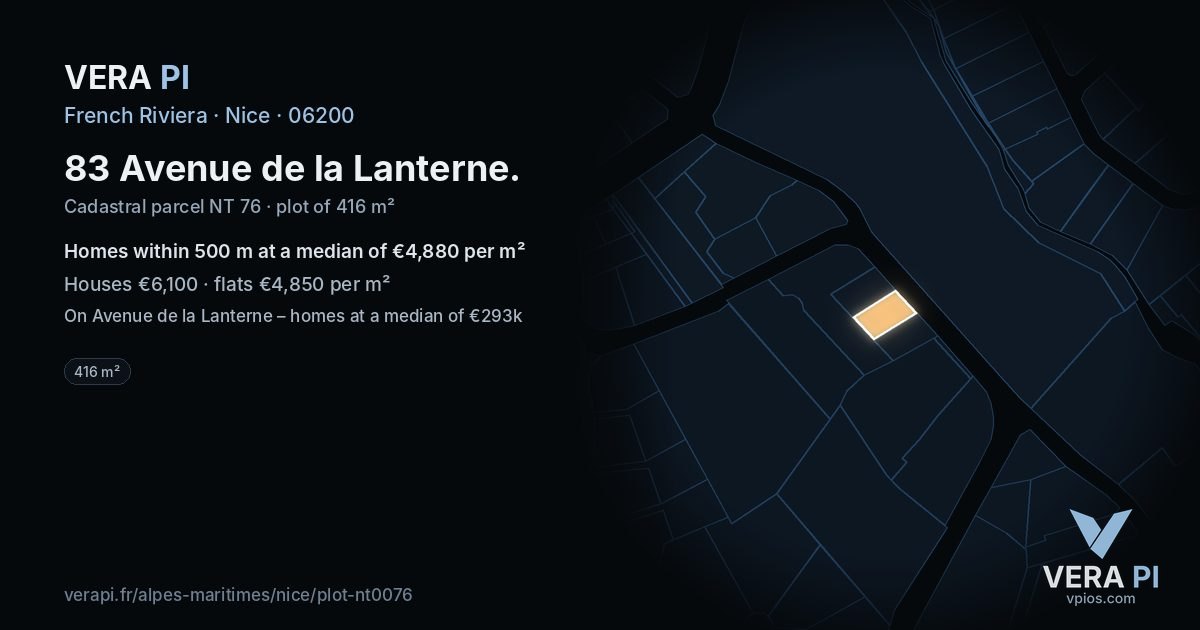 83 Avenue de la Lanterne, Nice at night – the plot lit, the parcels around coloured by the prices near them
