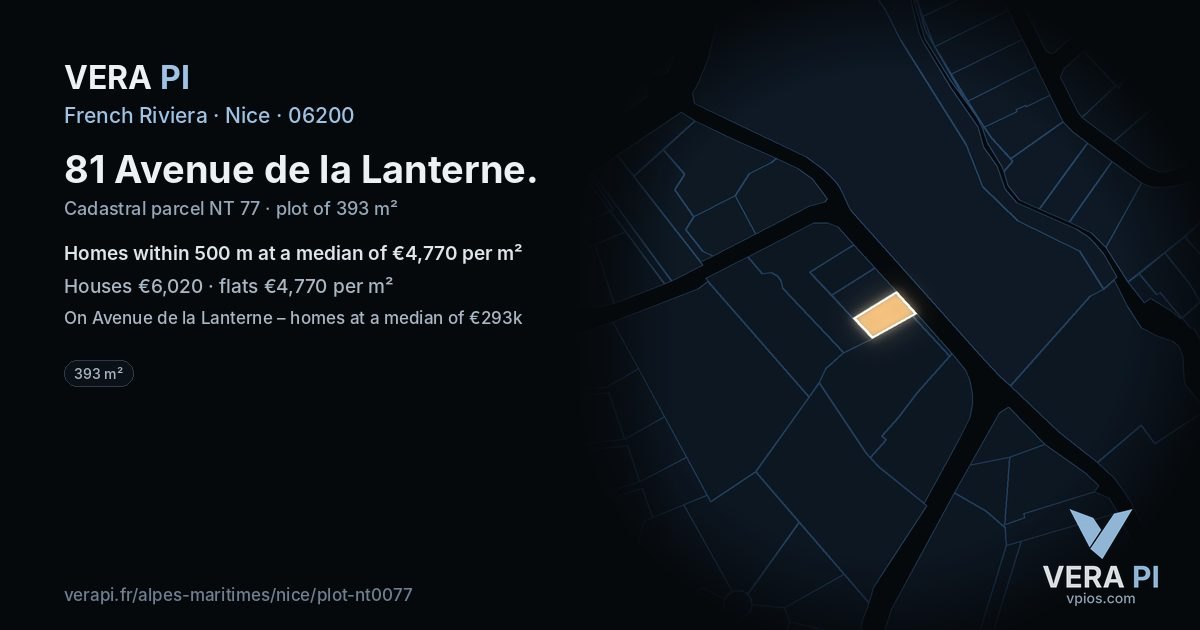 81 Avenue de la Lanterne, Nice at night – the plot lit, the parcels around coloured by the prices near them