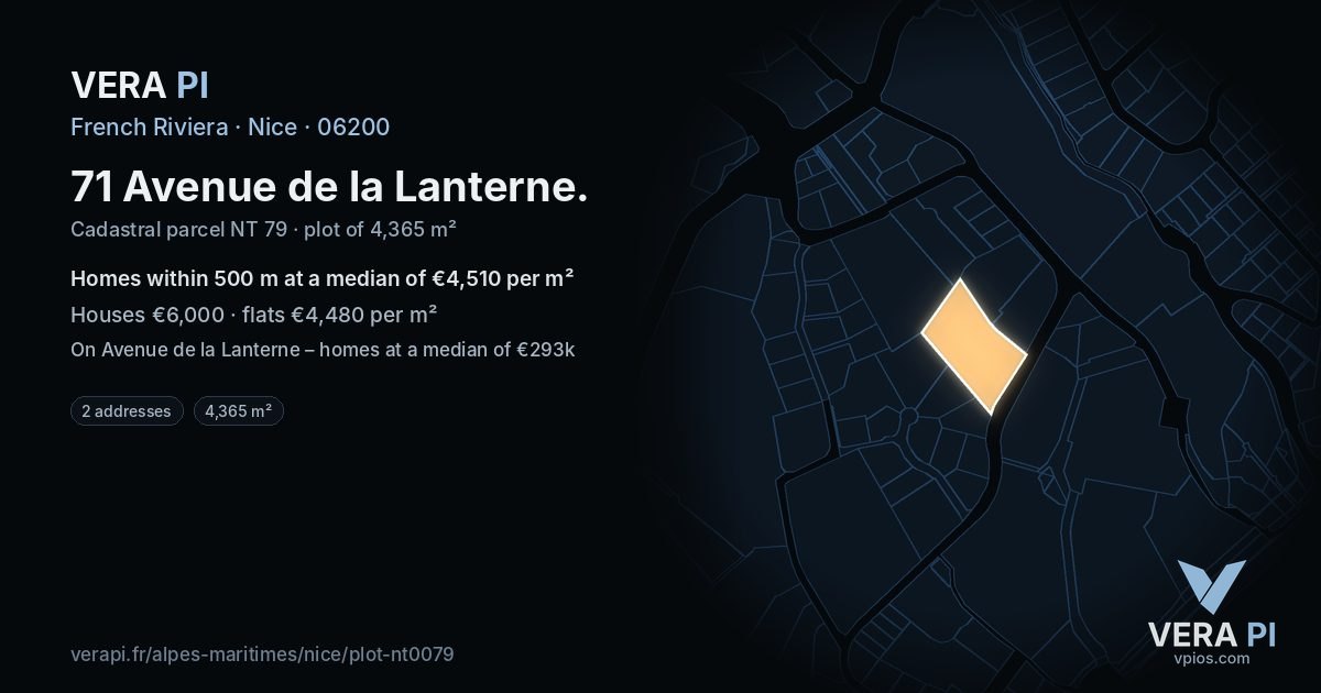 71 Avenue de la Lanterne, Nice at night – the plot lit, the parcels around coloured by the prices near them