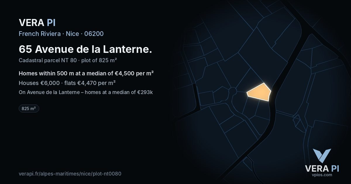 65 Avenue de la Lanterne, Nice at night – the plot lit, the parcels around coloured by the prices near them