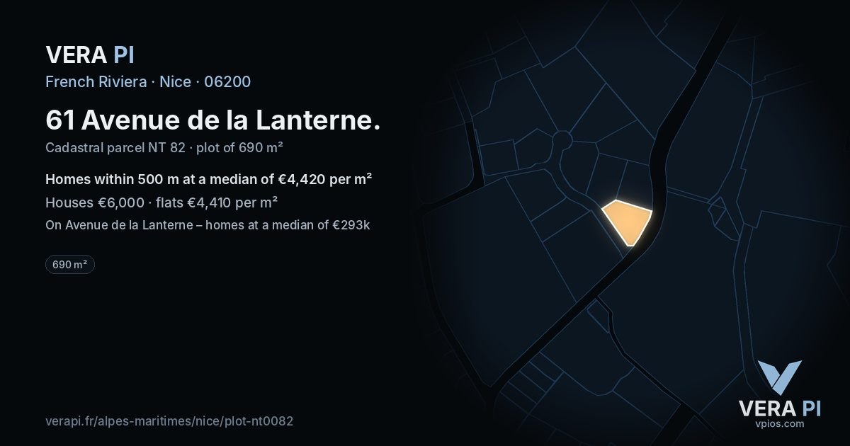 61 Avenue de la Lanterne, Nice at night – the plot lit, the parcels around coloured by the prices near them