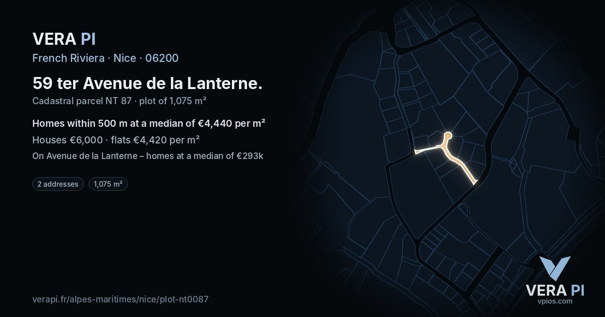 59 ter Avenue de la Lanterne, Nice at night – the plot lit, the parcels around coloured by the prices near them