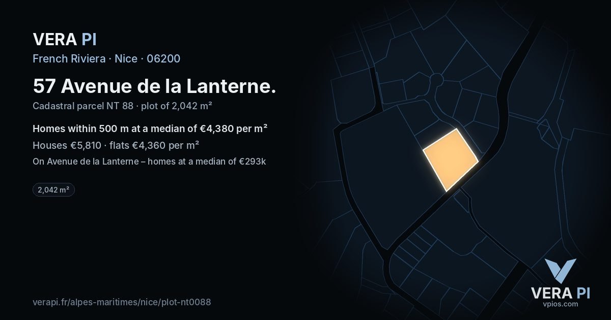 57 Avenue de la Lanterne, Nice at night – the plot lit, the parcels around coloured by the prices near them