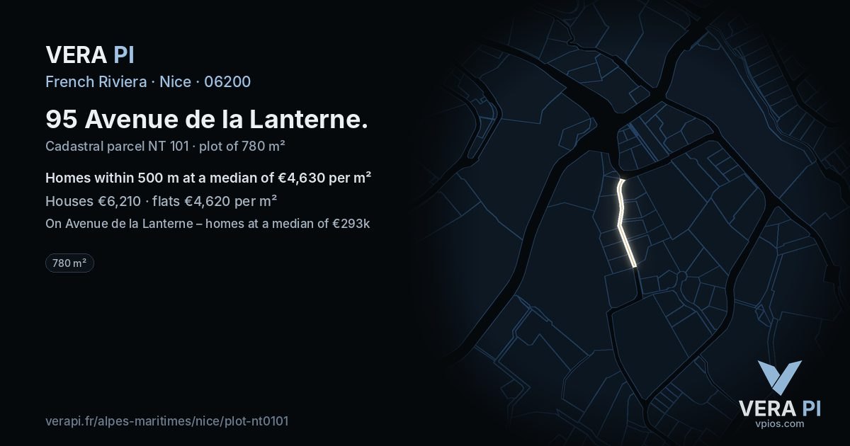 95 Avenue de la Lanterne, Nice at night – the plot lit, the parcels around coloured by the prices near them