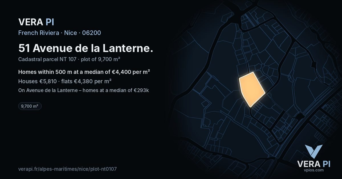 51 Avenue de la Lanterne, Nice at night – the plot lit, the parcels around coloured by the prices near them