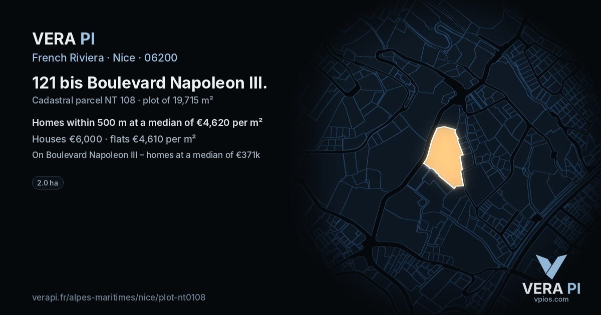121 bis Boulevard Napoleon III, Nice at night – the plot lit, the parcels around coloured by the prices near them
