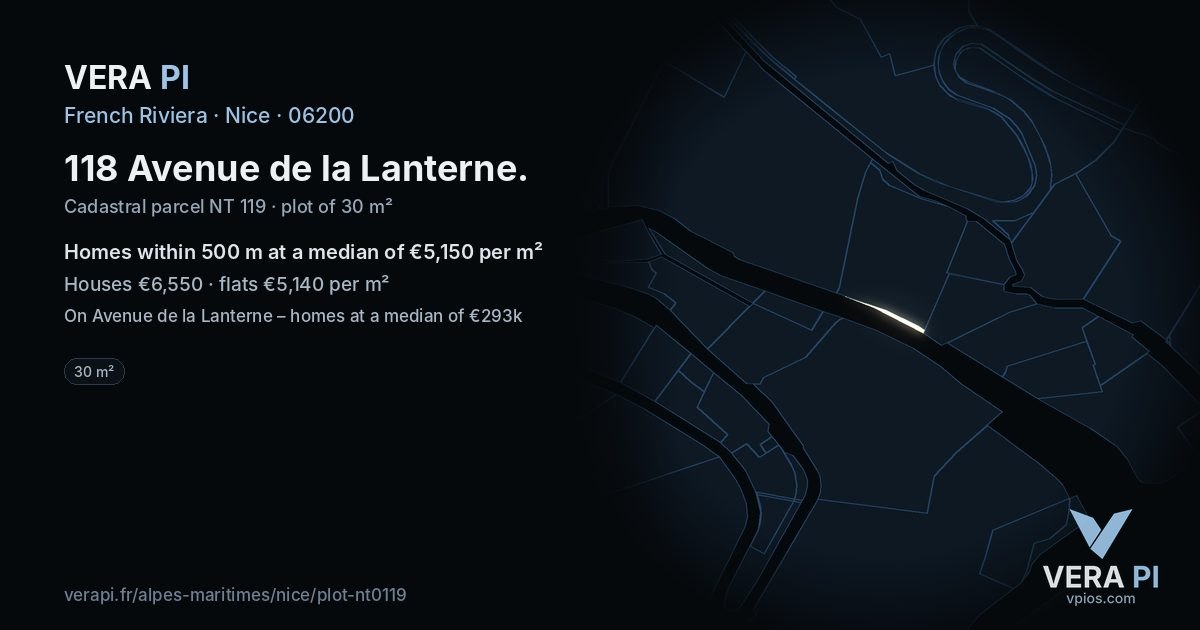 118 Avenue de la Lanterne, Nice at night – the plot lit, the parcels around coloured by the prices near them