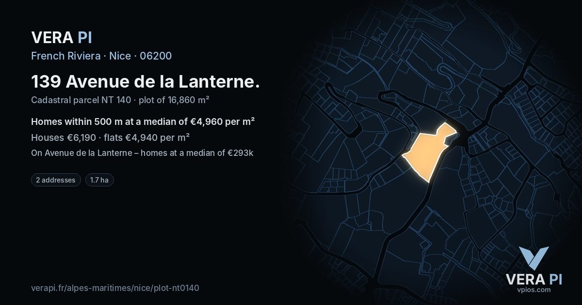 139 Avenue de la Lanterne, Nice at night – the plot lit, the parcels around coloured by the prices near them