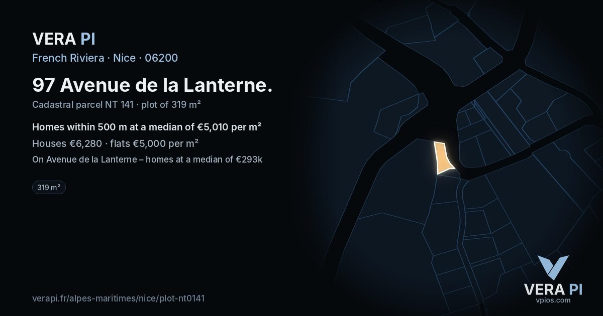97 Avenue de la Lanterne, Nice at night – the plot lit, the parcels around coloured by the prices near them