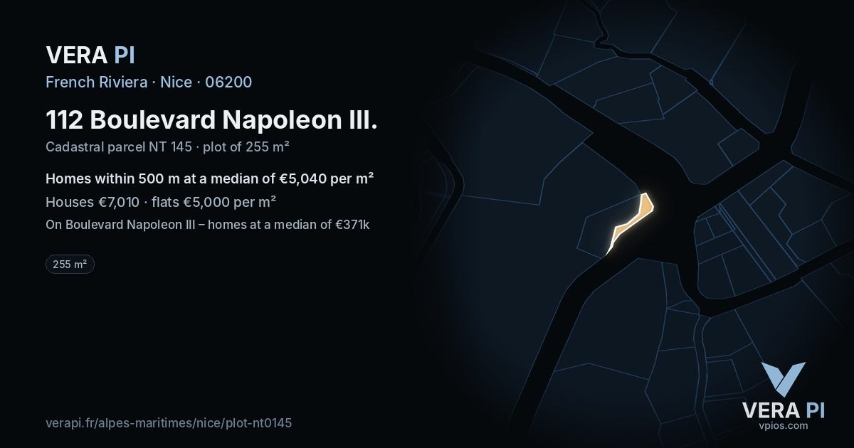 112 Boulevard Napoleon III, Nice at night – the plot lit, the parcels around coloured by the prices near them