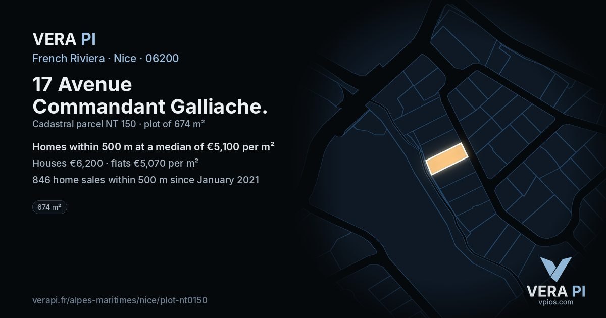 17 Avenue Commandant Galliache, Nice at night – the plot lit, the parcels around coloured by the prices near them