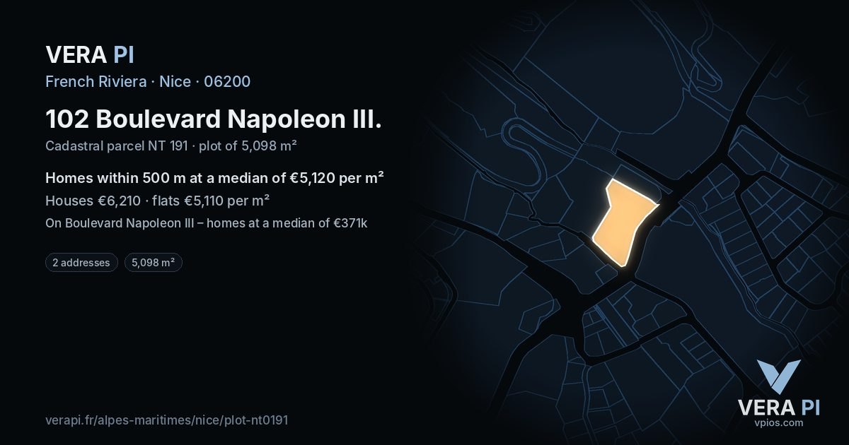 102 Boulevard Napoleon III, Nice at night – the plot lit, the parcels around coloured by the prices near them