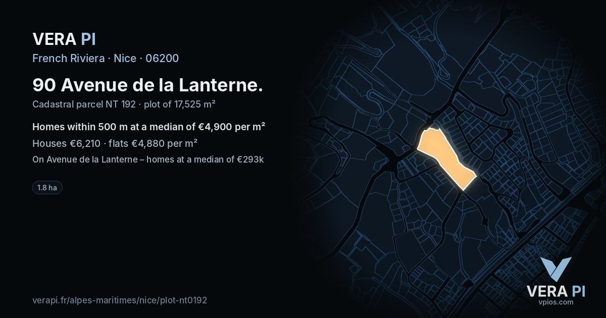 90 Avenue de la Lanterne, Nice at night – the plot lit, the parcels around coloured by the prices near them