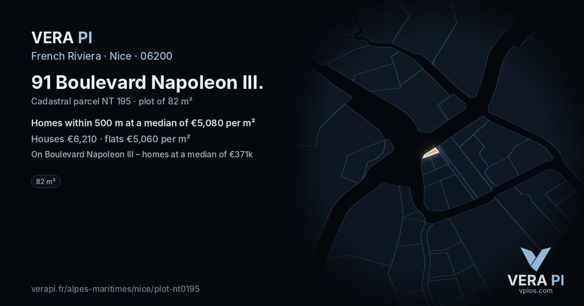 91 Boulevard Napoleon III, Nice at night – the plot lit, the parcels around coloured by the prices near them