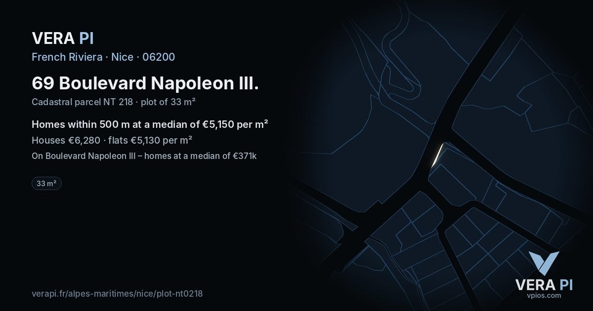 69 Boulevard Napoleon III, Nice at night – the plot lit, the parcels around coloured by the prices near them