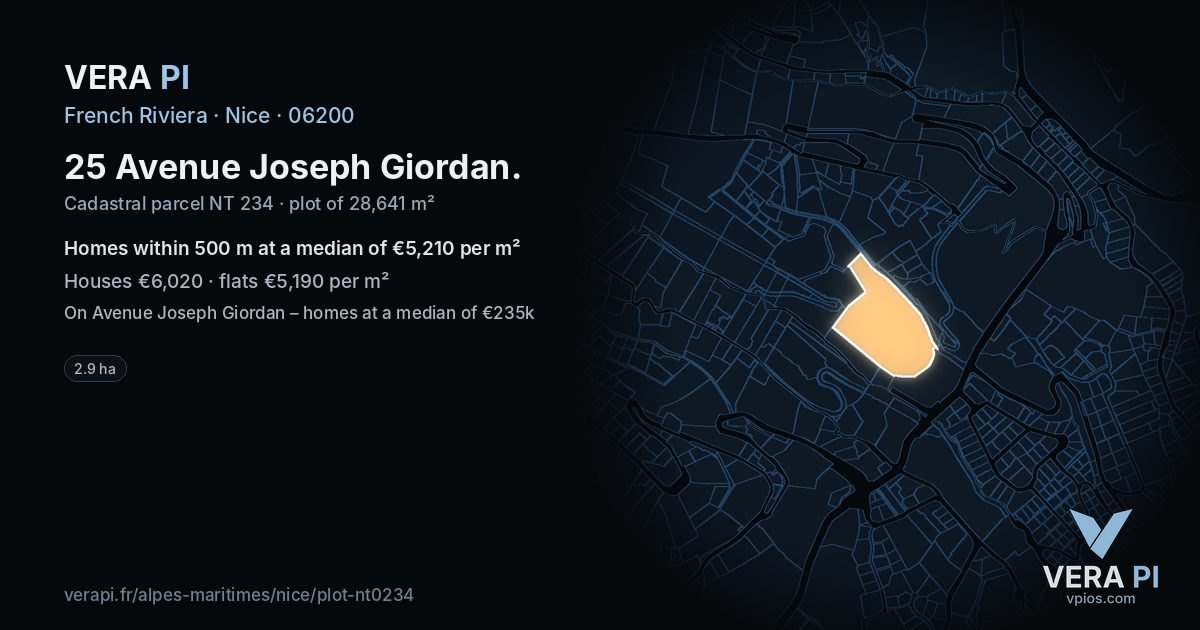 25 Avenue Joseph Giordan, Nice at night – the plot lit, the parcels around coloured by the prices near them