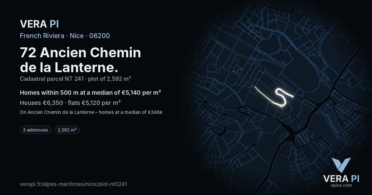 72 Ancien Chemin de la Lanterne, Nice at night – the plot lit, the parcels around coloured by the prices near them