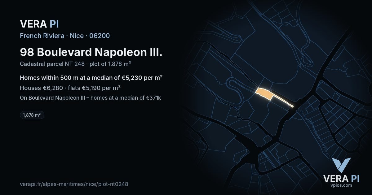 98 Boulevard Napoleon III, Nice at night – the plot lit, the parcels around coloured by the prices near them