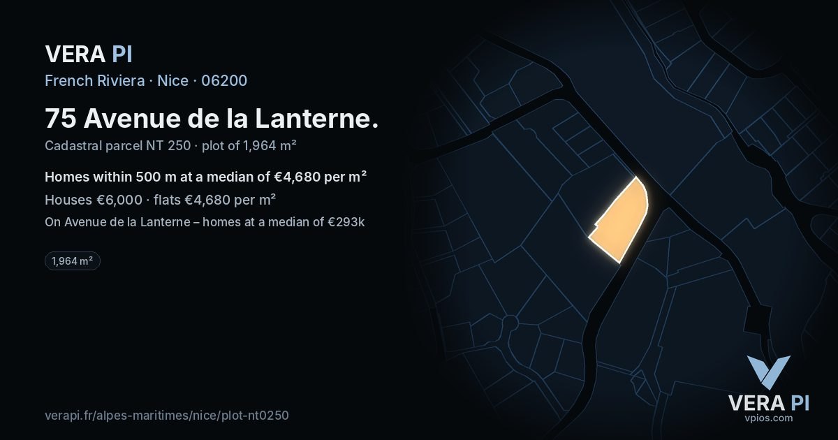 75 Avenue de la Lanterne, Nice at night – the plot lit, the parcels around coloured by the prices near them