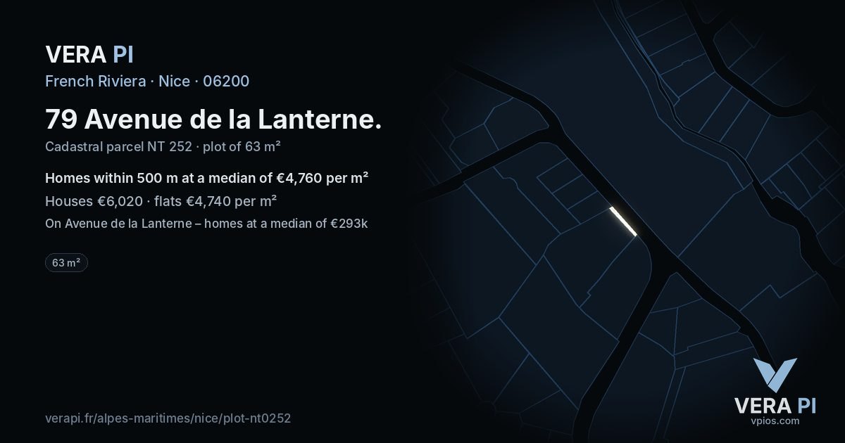 79 Avenue de la Lanterne, Nice at night – the plot lit, the parcels around coloured by the prices near them