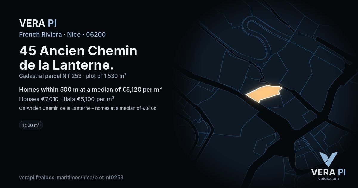 45 Ancien Chemin de la Lanterne, Nice at night – the plot lit, the parcels around coloured by the prices near them
